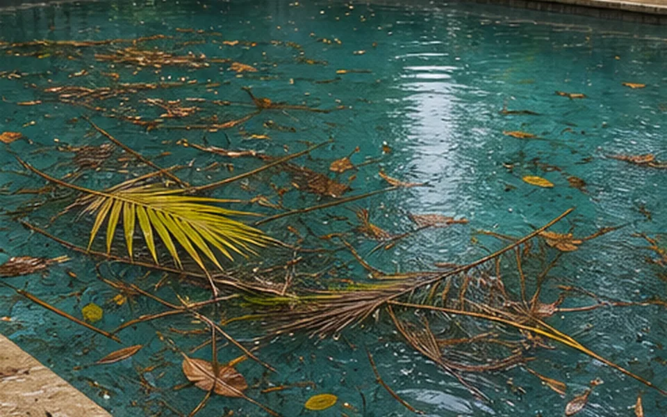Storm debris floating in a Miami pool before cleanup