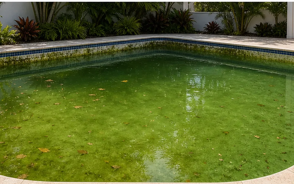 Green cloudy pool water before cleanup